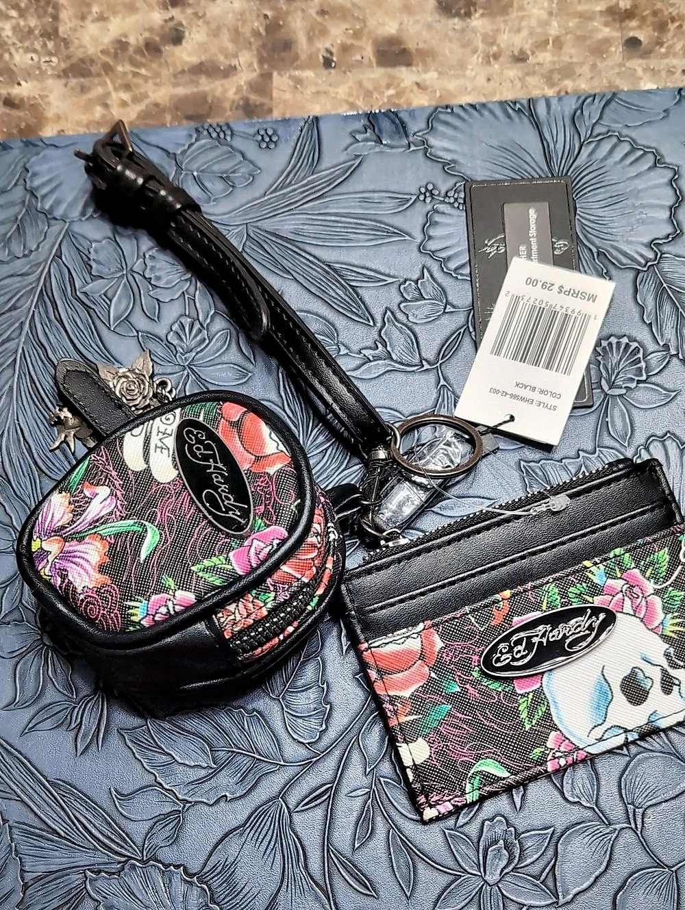 Ed Hardy Tattoo Print Card Holder & Pouch Keychain Set Black Multicolor New